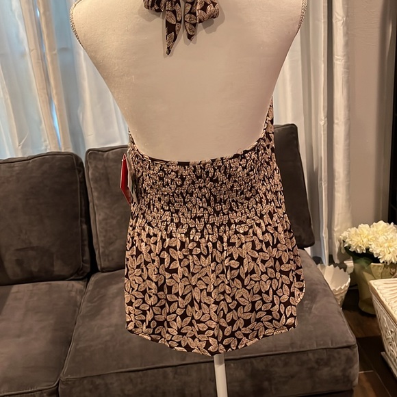 NWT Oscar de la Renta top. Size L Brown and Cream lead design ties around neck - Picture 2 of 15